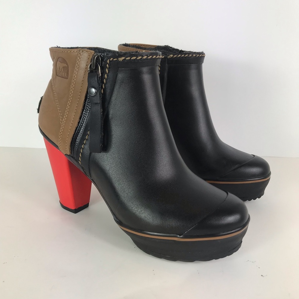Sorel Black and Tan Heeled Boots with Red Heel
